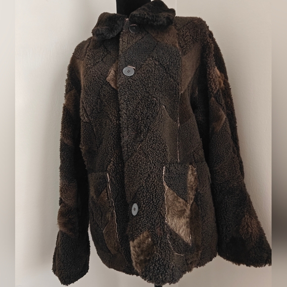 VTG Shearling Jacket Reversible brown patchwork small Germany Boho - Picture 7 of 9